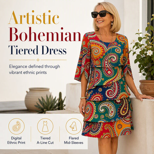 ⌛Limited-Time Offer!🌸2026 Women's Bohemian Ethnic Print V-Neck Tiered Dress – Elegant Flowing A-Line Casual Dress
