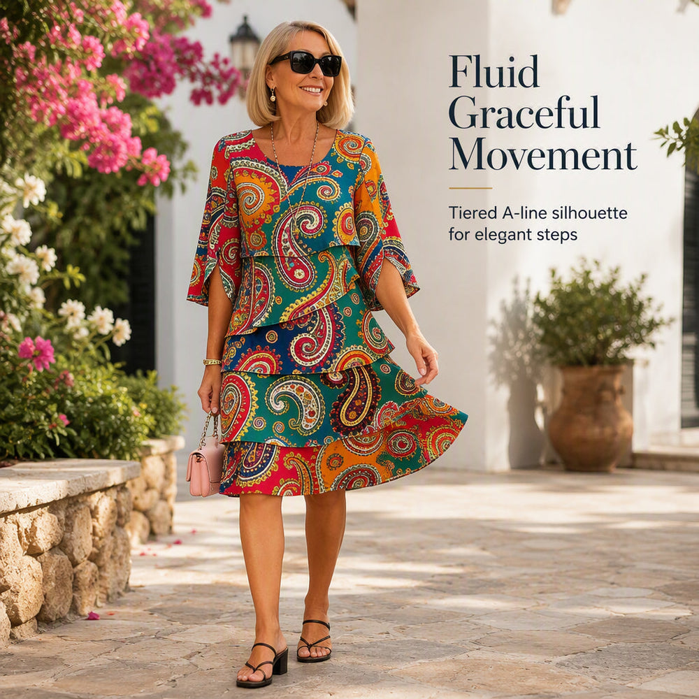 ⌛Limited-Time Offer!🌸2026 Women's Bohemian Ethnic Print V-Neck Tiered Dress – Elegant Flowing A-Line Casual Dress