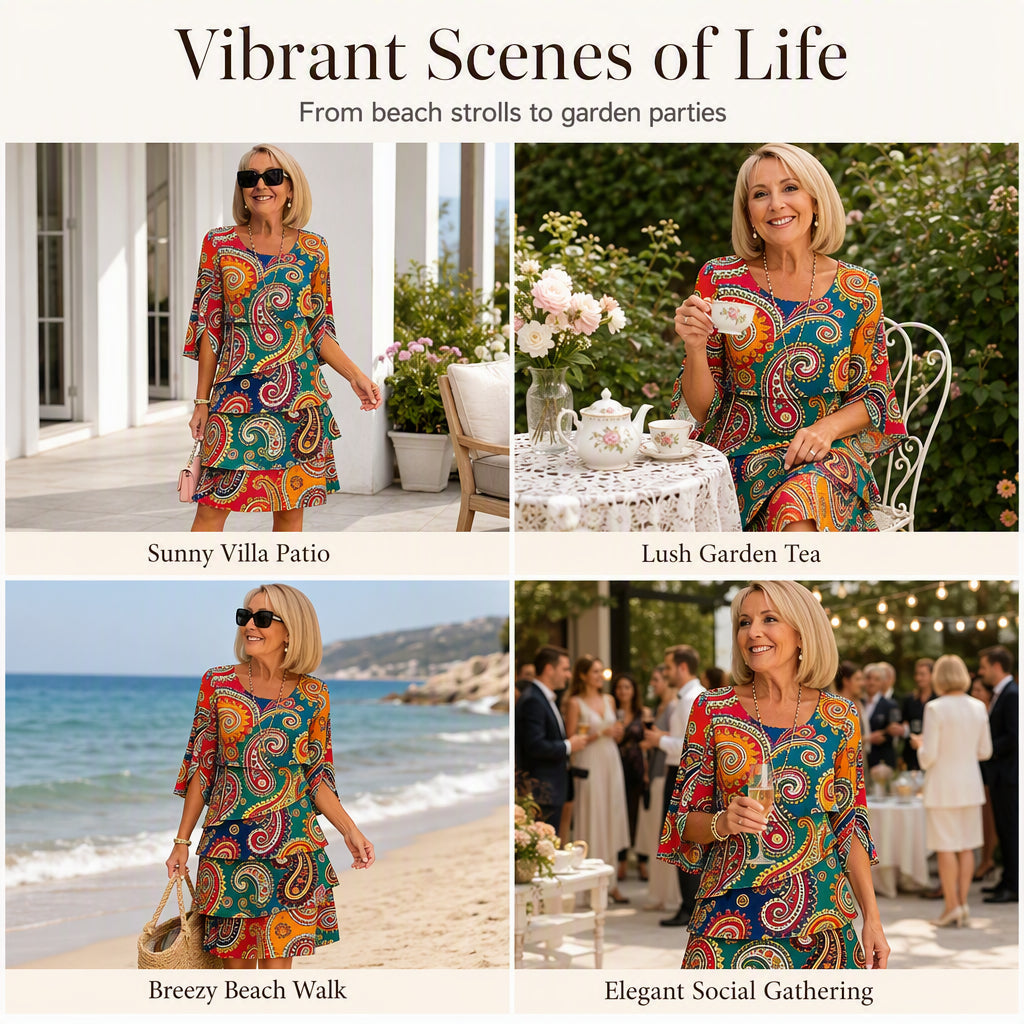 ⌛Limited-Time Offer!🌸2026 Women's Bohemian Ethnic Print V-Neck Tiered Dress – Elegant Flowing A-Line Casual Dress