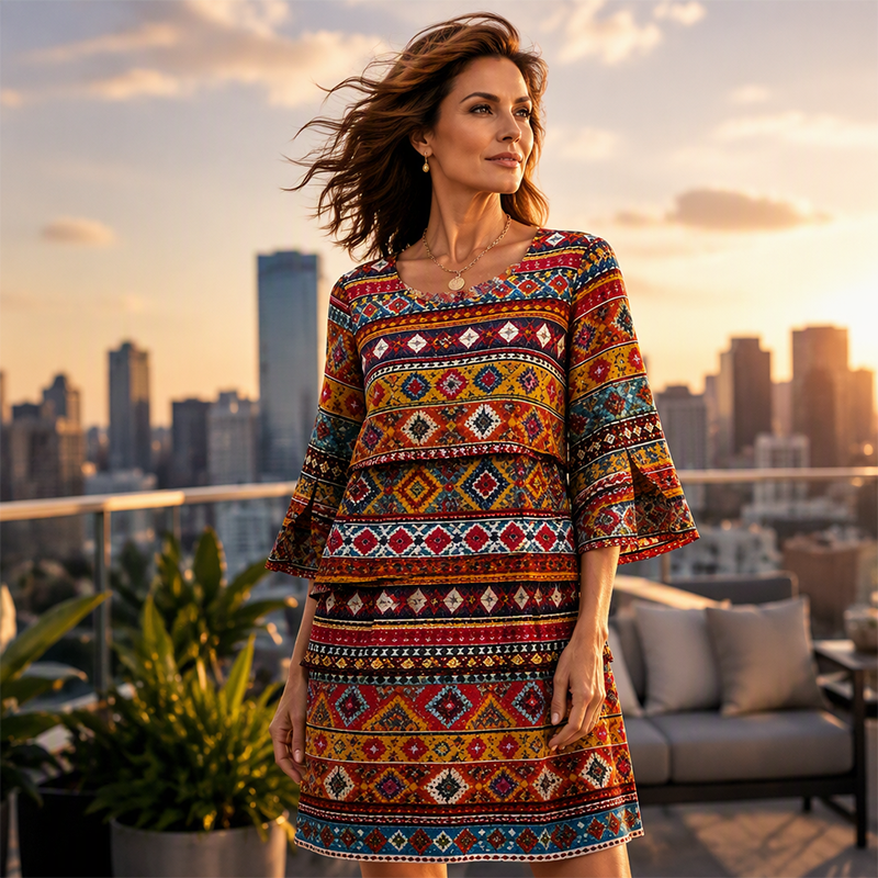 ⌛Limited-Time Offer!🌸2026 Women's Bohemian Ethnic Print V-Neck Tiered Dress – Elegant Flowing A-Line Casual Dress