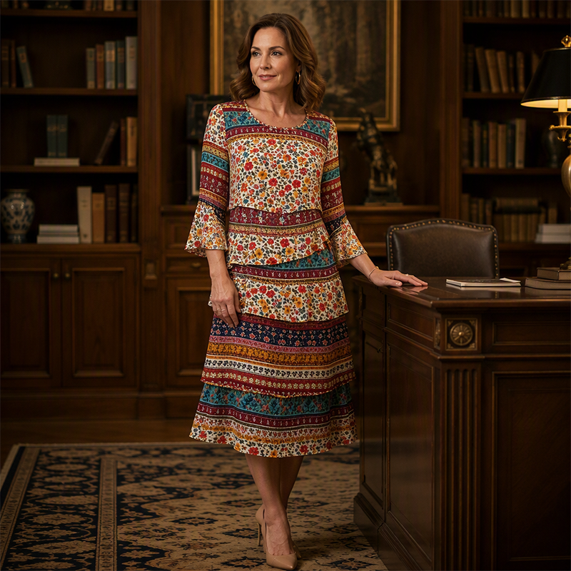 ⌛Limited-Time Offer!🌸2026 Women's Bohemian Ethnic Print V-Neck Tiered Dress – Elegant Flowing A-Line Casual Dress