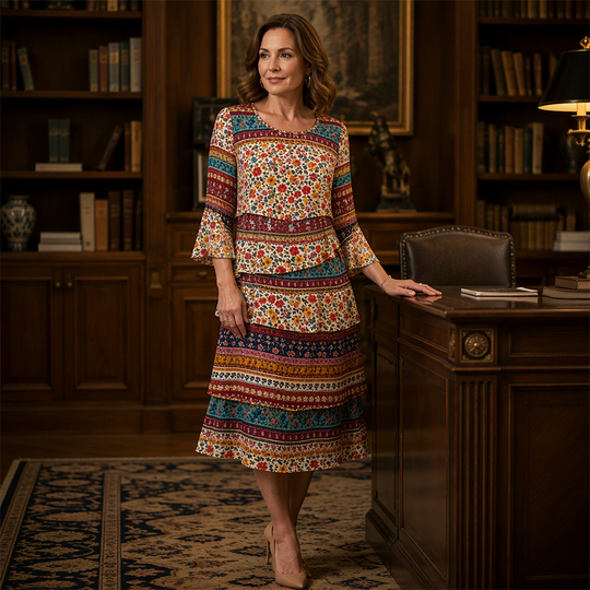 ⌛Limited-Time Offer!🌸2026 Women's Bohemian Ethnic Print V-Neck Tiered Dress – Elegant Flowing A-Line Casual Dress