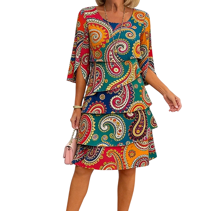 ⌛Limited-Time Offer!🌸2026 Women's Bohemian Ethnic Print V-Neck Tiered Dress – Elegant Flowing A-Line Casual Dress