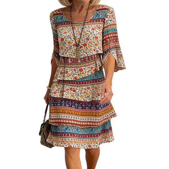 ⌛Limited-Time Offer!🌸2026 Women's Bohemian Ethnic Print V-Neck Tiered Dress – Elegant Flowing A-Line Casual Dress