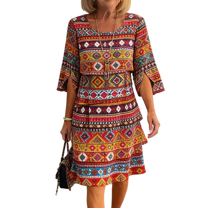 ⌛Limited-Time Offer!🌸2026 Women's Bohemian Ethnic Print V-Neck Tiered Dress – Elegant Flowing A-Line Casual Dress