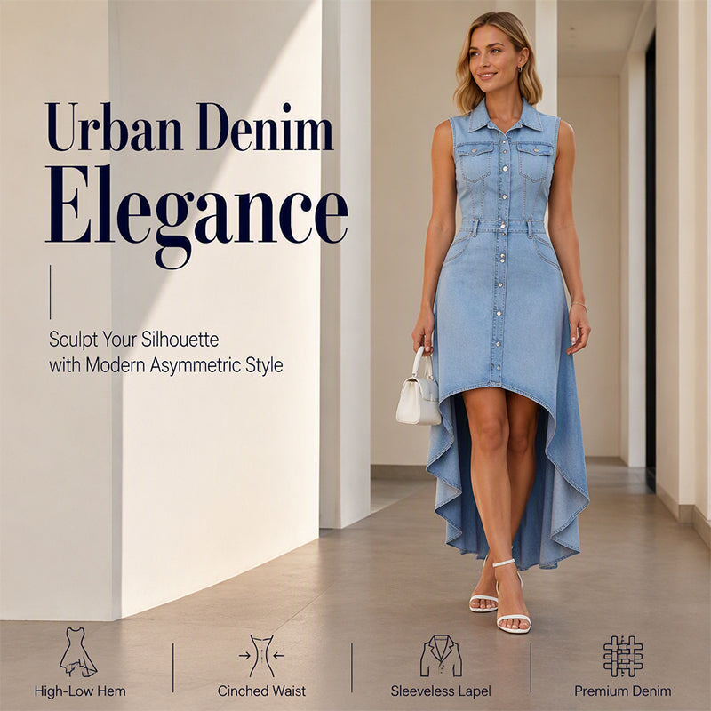 Women's Sleeveless Denim Dress with Asymmetrical Hem