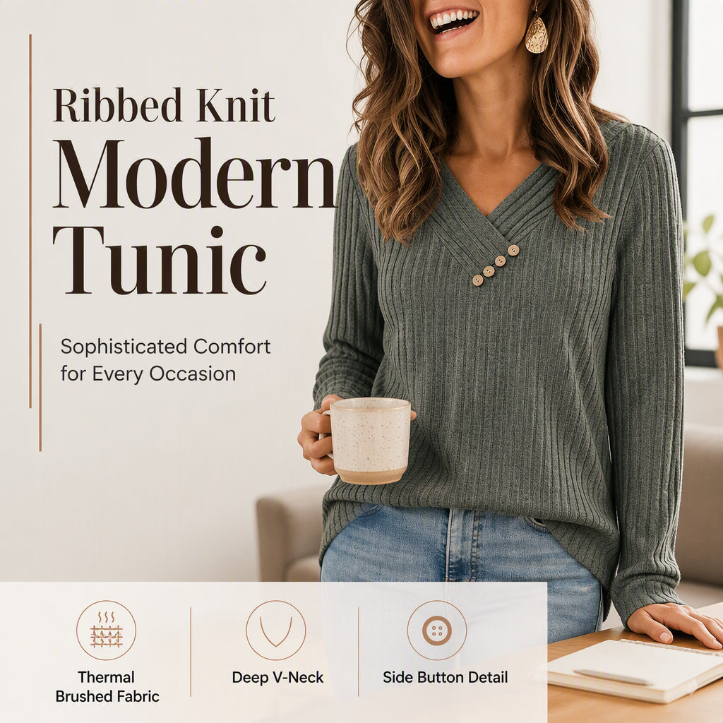 ⏰Last Day Sale 50% Off💃Women's Ribbed Knit V-Neck Top with Decorative Buttons
