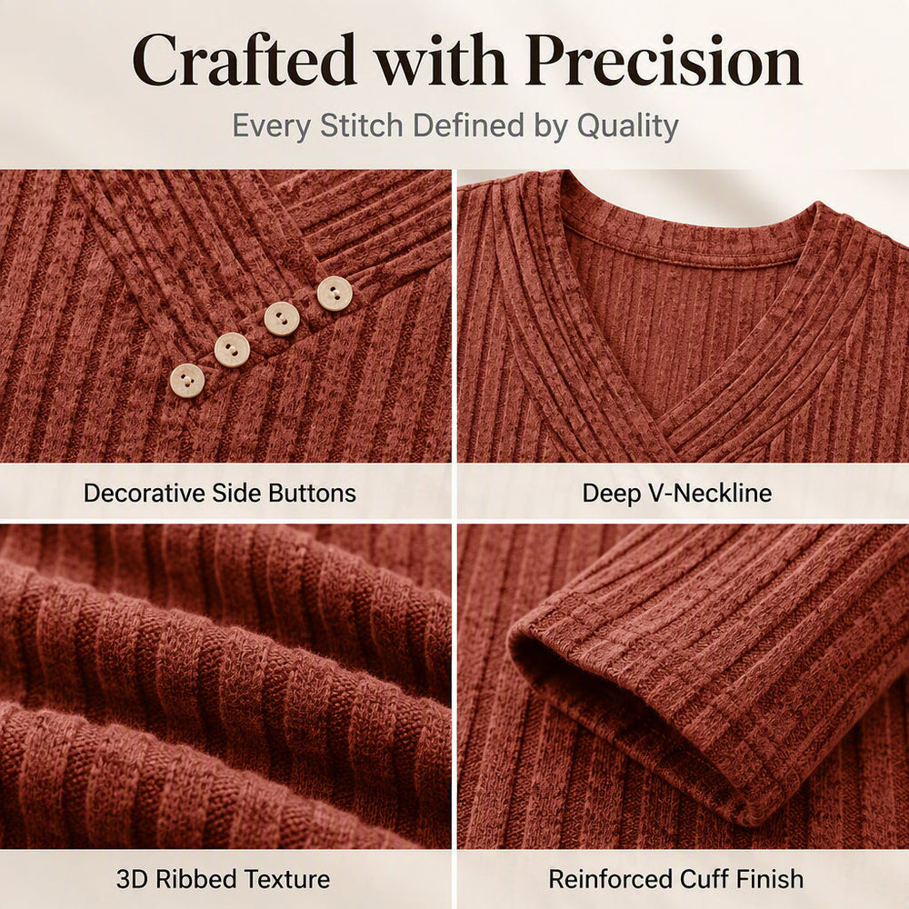 ⏰Last Day Sale 50% Off💃Women's Ribbed Knit V-Neck Top with Decorative Buttons