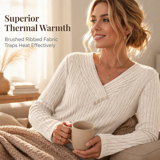 ⏰Last Day Sale 50% Off💃Women's Ribbed Knit V-Neck Top with Decorative Buttons