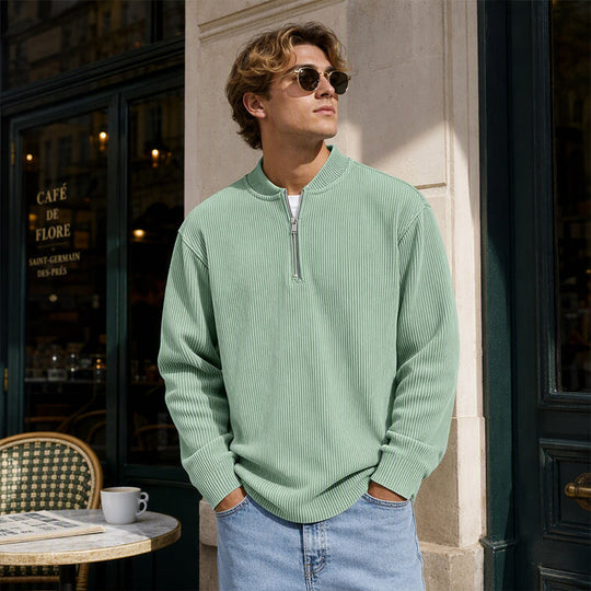 Men's Corduroy Quarter-Zip Pullover Sweatshirt Casual Stand Collar Long Sleeve Top
