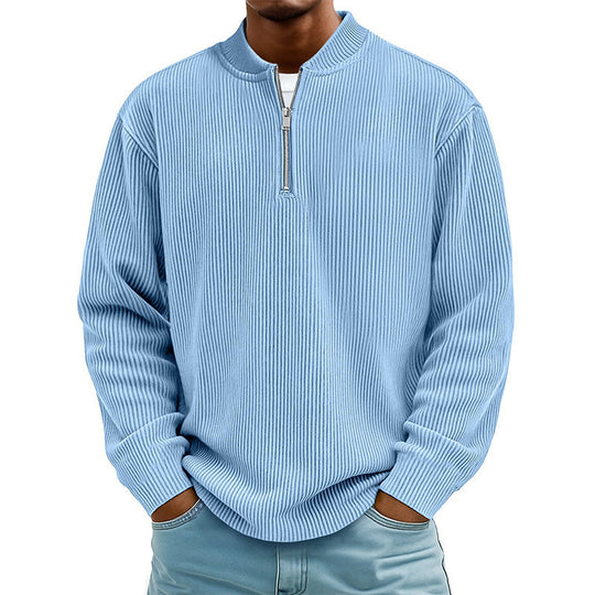 Men's Corduroy Quarter-Zip Pullover Sweatshirt Casual Stand Collar Long Sleeve Top
