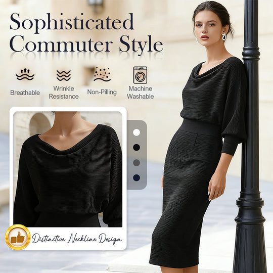 Trending Now⭐👗 Waist-Cinching Midi Dress with Unique Neckline – Flattering Slimming Silhouette for Effortless Elegance