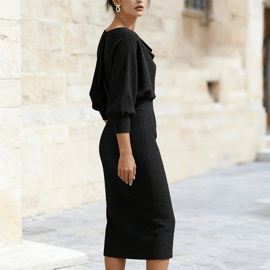 Trending Now⭐👗 Waist-Cinching Midi Dress with Unique Neckline – Flattering Slimming Silhouette for Effortless Elegance