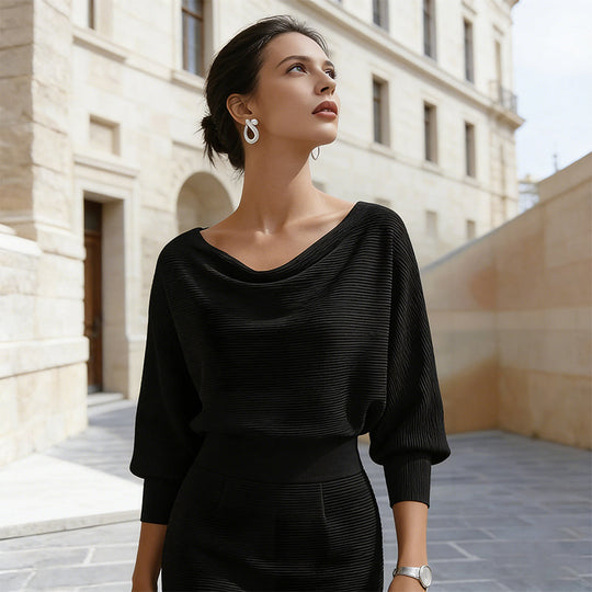 Trending Now⭐👗 Waist-Cinching Midi Dress with Unique Neckline – Flattering Slimming Silhouette for Effortless Elegance