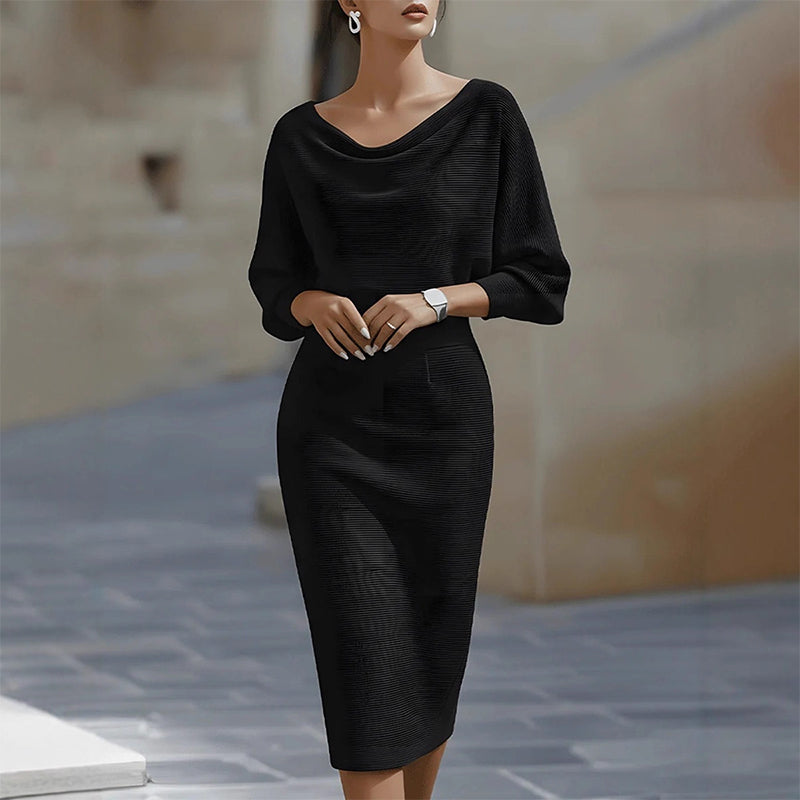 Trending Now⭐👗 Waist-Cinching Midi Dress with Unique Neckline – Flattering Slimming Silhouette for Effortless Elegance