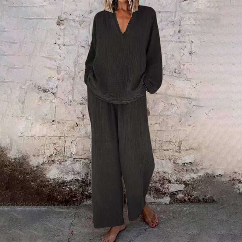 ⌛Limited-Time Offer🛍️ Casual Solid Color V-Neck Long Sleeve Top & Wide-Leg Pants Set
