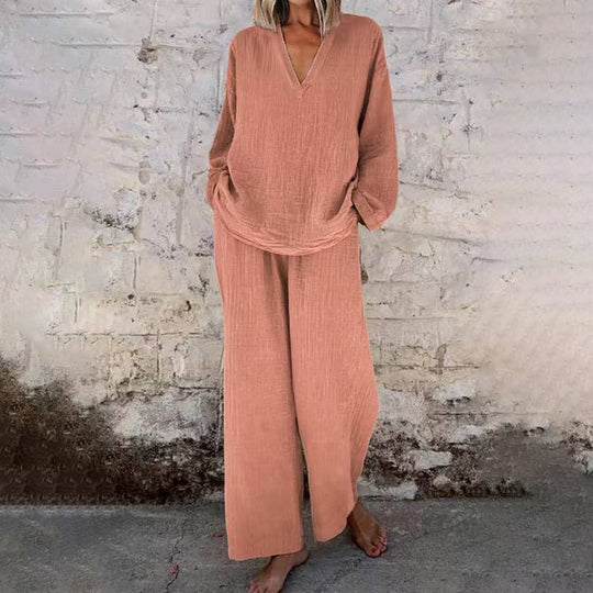 ⌛Limited-Time Offer🛍️ Casual Solid Color V-Neck Long Sleeve Top & Wide-Leg Pants Set
