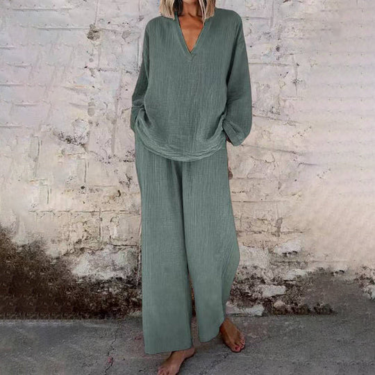 ⌛Limited-Time Offer🛍️ Casual Solid Color V-Neck Long Sleeve Top & Wide-Leg Pants Set