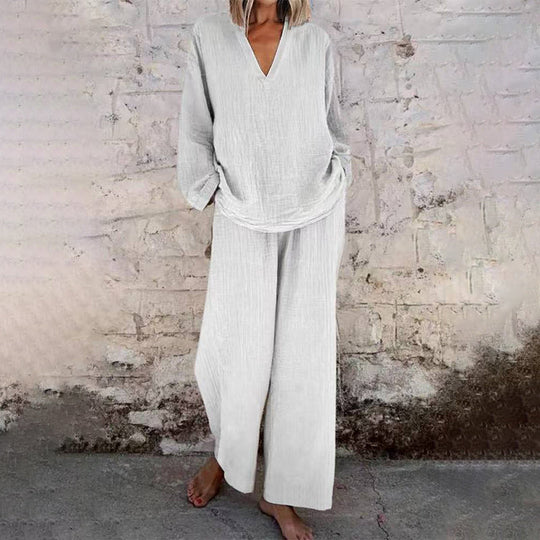 ⌛Limited-Time Offer🛍️ Casual Solid Color V-Neck Long Sleeve Top & Wide-Leg Pants Set