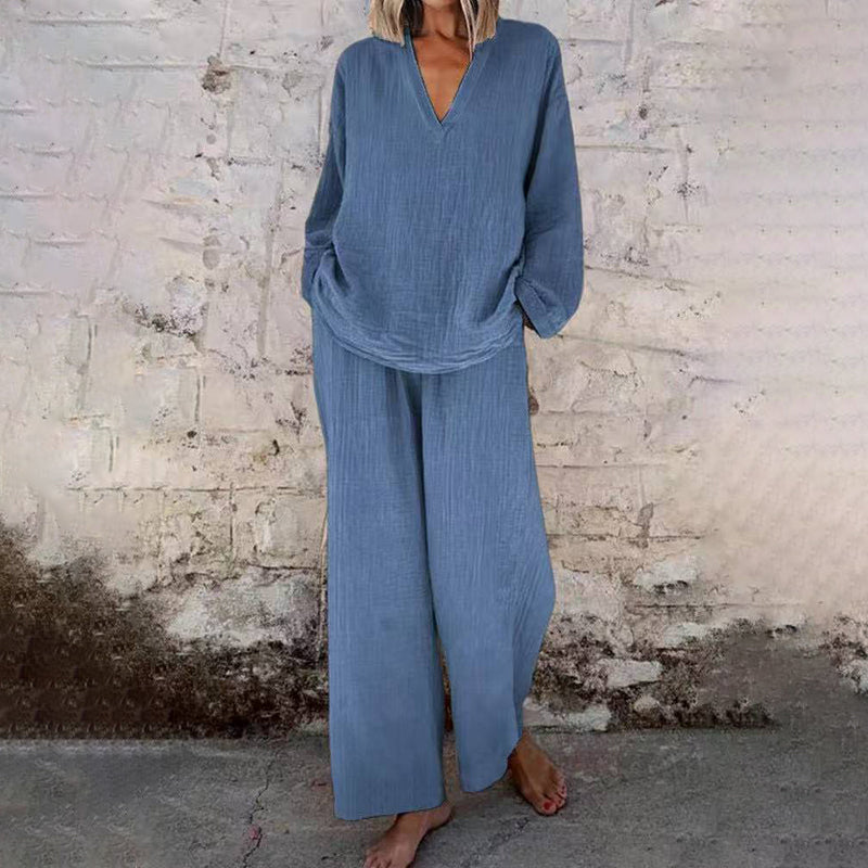 ⌛Limited-Time Offer🛍️ Casual Solid Color V-Neck Long Sleeve Top & Wide-Leg Pants Set