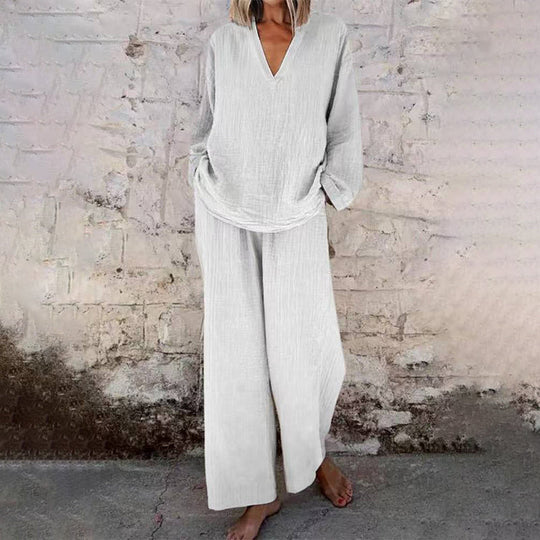 ⌛Limited-Time Offer🛍️ Casual Solid Color V-Neck Long Sleeve Top & Wide-Leg Pants Set