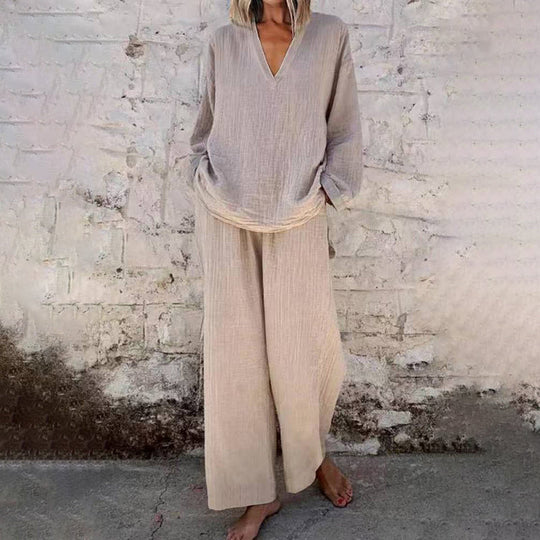 ⌛Limited-Time Offer🛍️ Casual Solid Color V-Neck Long Sleeve Top & Wide-Leg Pants Set