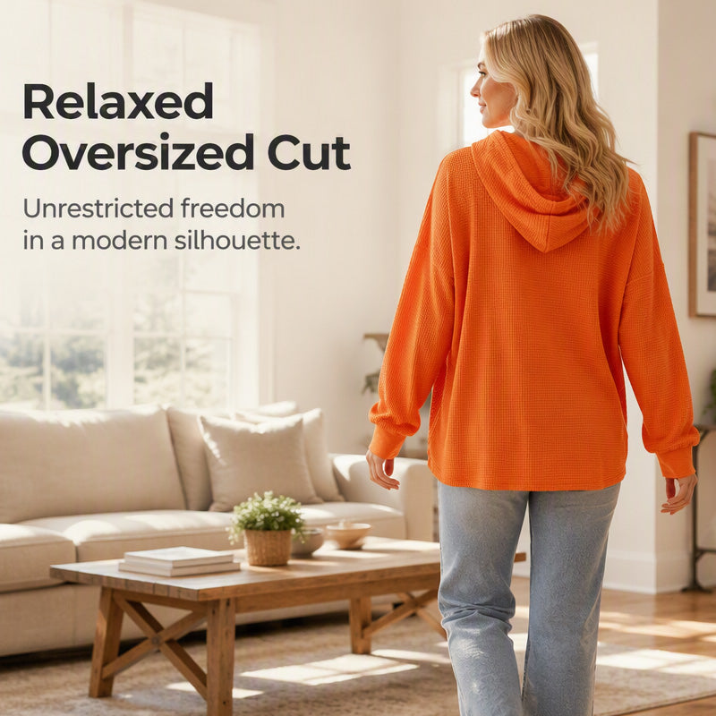 Women's Waffle Knit Loose Hooded Sweatshirt with Pockets