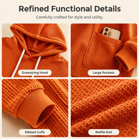 Women's Waffle Knit Loose Hooded Sweatshirt with Pockets