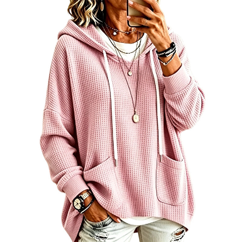 Women's Waffle Knit Loose Hooded Sweatshirt with Pockets