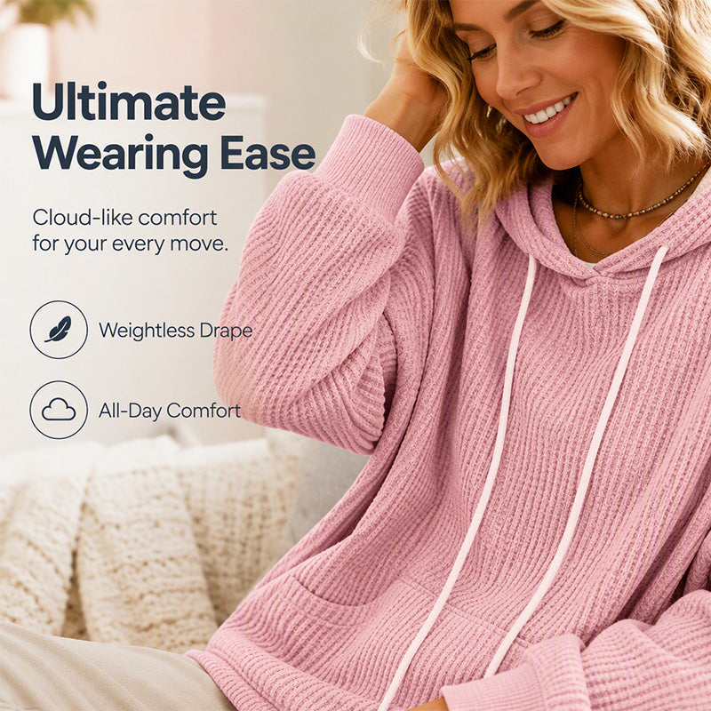 Women's Waffle Knit Loose Hooded Sweatshirt with Pockets