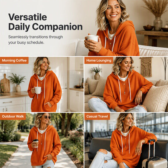 Women's Waffle Knit Loose Hooded Sweatshirt with Pockets