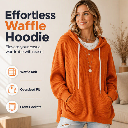 Women's Waffle Knit Loose Hooded Sweatshirt with Pockets
