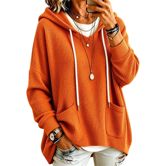 Women's Waffle Knit Loose Hooded Sweatshirt with Pockets