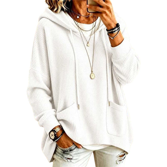 Women's Waffle Knit Loose Hooded Sweatshirt with Pockets