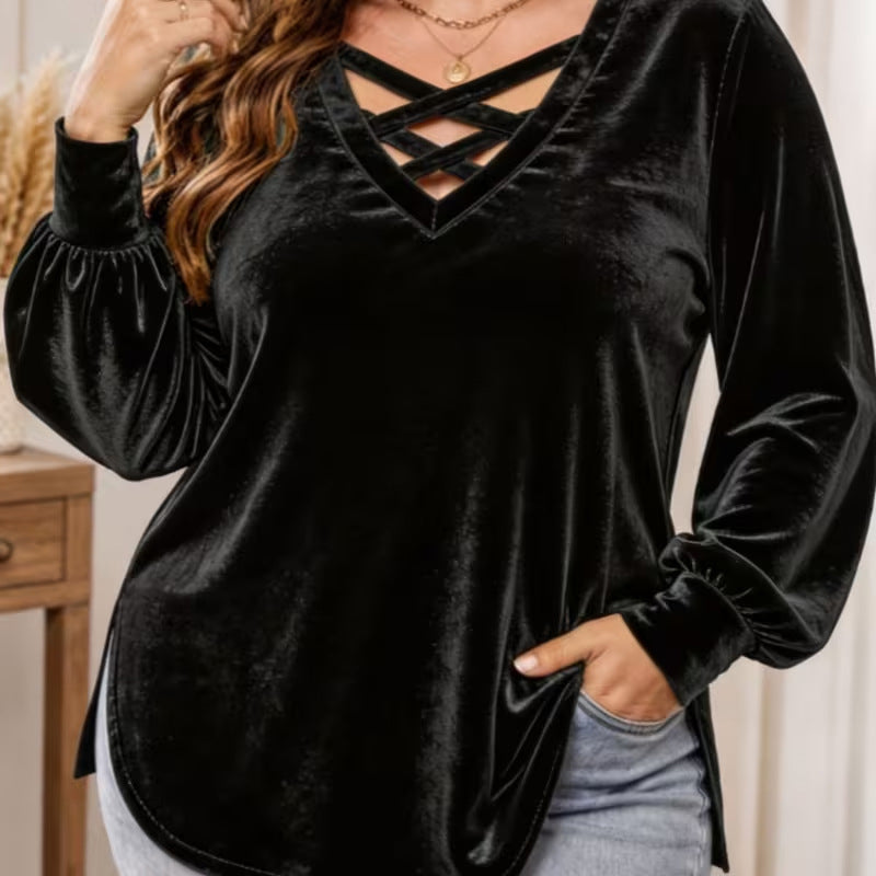 Women's Velvet Criss Cross V-Neck Top