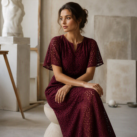 Women's V-Neck Lace Crochet Maxi Dress