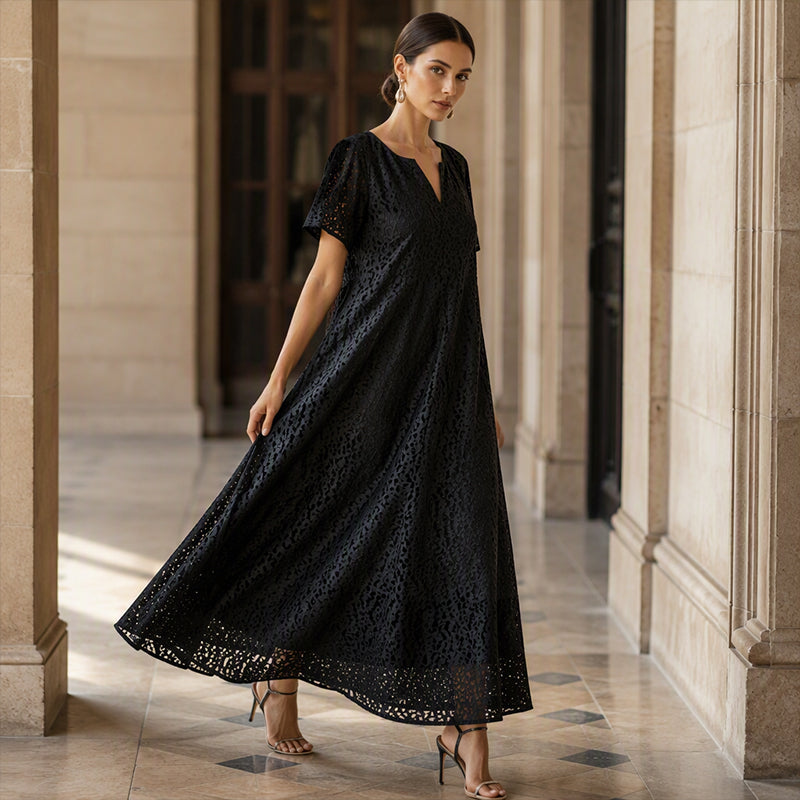 Women's V-Neck Lace Crochet Maxi Dress