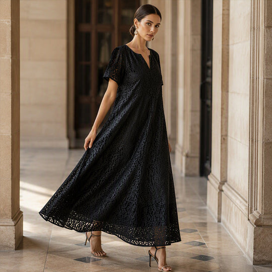 Women's V-Neck Lace Crochet Maxi Dress