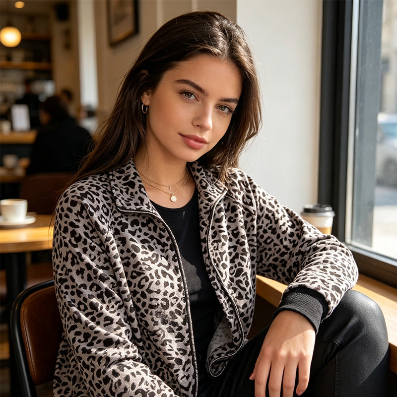 Women'S Leopard Print Zip-Up Jacket