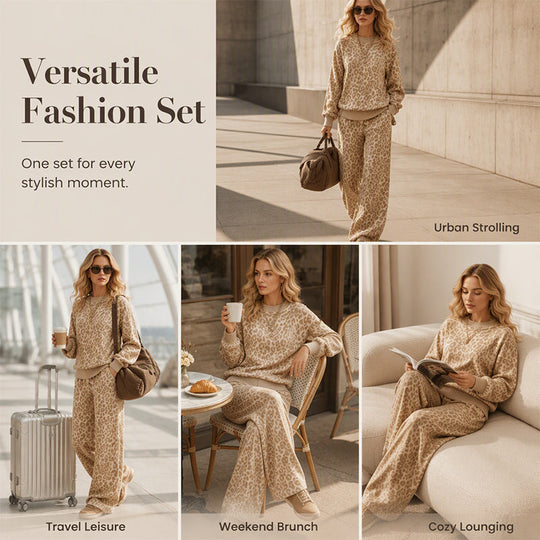 Women's Leopard Print Sweatshirt & Wide-Leg Pants Set