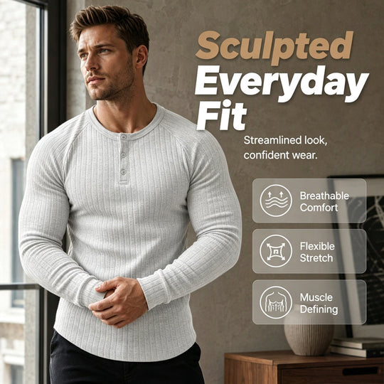 👕New Arrivals - Men's Slim Fit Henley Shirt – Sculpted Everyday Tee with Clean Solid Color & Flexible Comfort
