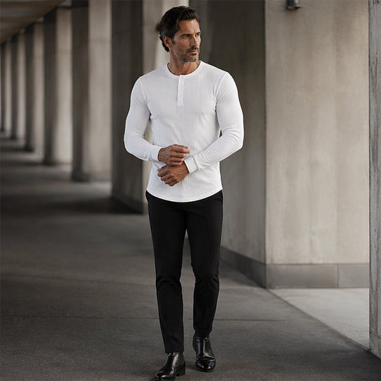 👕New Arrivals - Men's Slim Fit Henley Shirt – Sculpted Everyday Tee with Clean Solid Color & Flexible Comfort