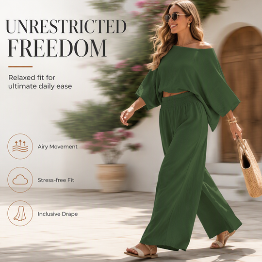 ✨ Women’s Off-Shoulder Top & Wide-Leg Pants Set – Effortless Elegance Meets Everyday Comfort