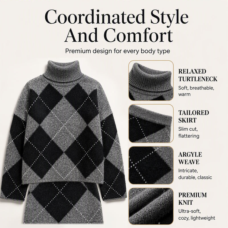 🍂✨ Women's Argyle Knit Sweater & Skirt Set – Elegant, Cosy & Effortlessly Chic