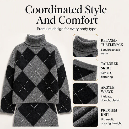🍂✨ Women's Argyle Knit Sweater & Skirt Set – Elegant, Cosy & Effortlessly Chic