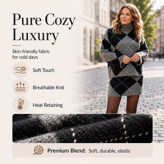 🍂✨ Women's Argyle Knit Sweater & Skirt Set – Elegant, Cosy & Effortlessly Chic