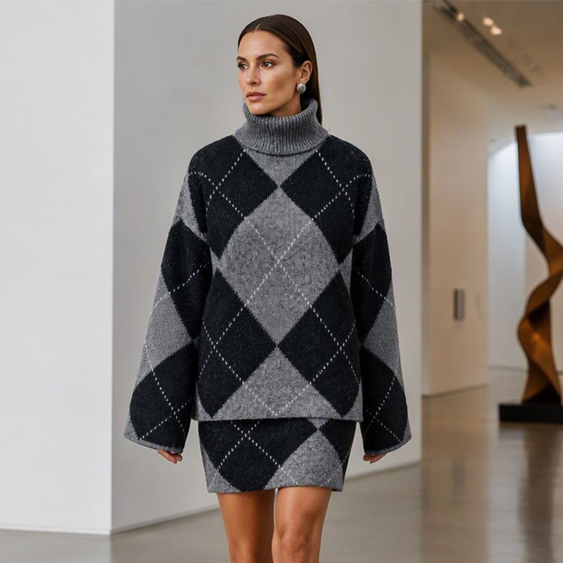 🍂✨ Women's Argyle Knit Sweater & Skirt Set – Elegant, Cosy & Effortlessly Chic
