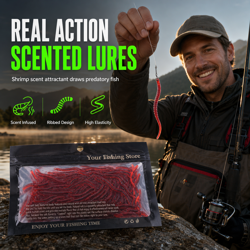📢📢40% OFF !! ⏰Simulation Earthworm Soft Fishing Lures Shrimp Scented Artificial Worm Baits for Freshwater and Saltwater Pack of 50 or 100