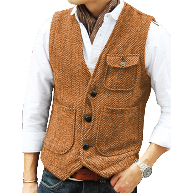 🎩 Classic Texture, Polished Look | Men's Herringbone Tweed Multi-Pocket Vest