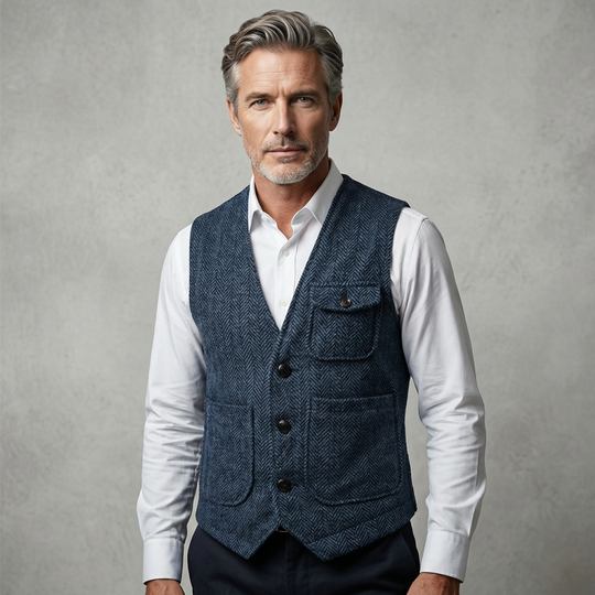 🎩 Classic Texture, Polished Look | Men's Herringbone Tweed Multi-Pocket Vest